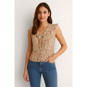 Women's Sleeveless Peplum Top Small Floral Ruffle Boho Fairy Romantic Coquette